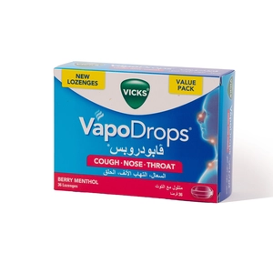 Vicks, Vapodrops, Lozenges, For Soothing & Relieving Sore Throat, Berry Flavor - 36 Pcs Vicks, Vapodrops, Lozenges, For Soothing & Relieving Sore Throat, Berry Flavor - 36 Pcs